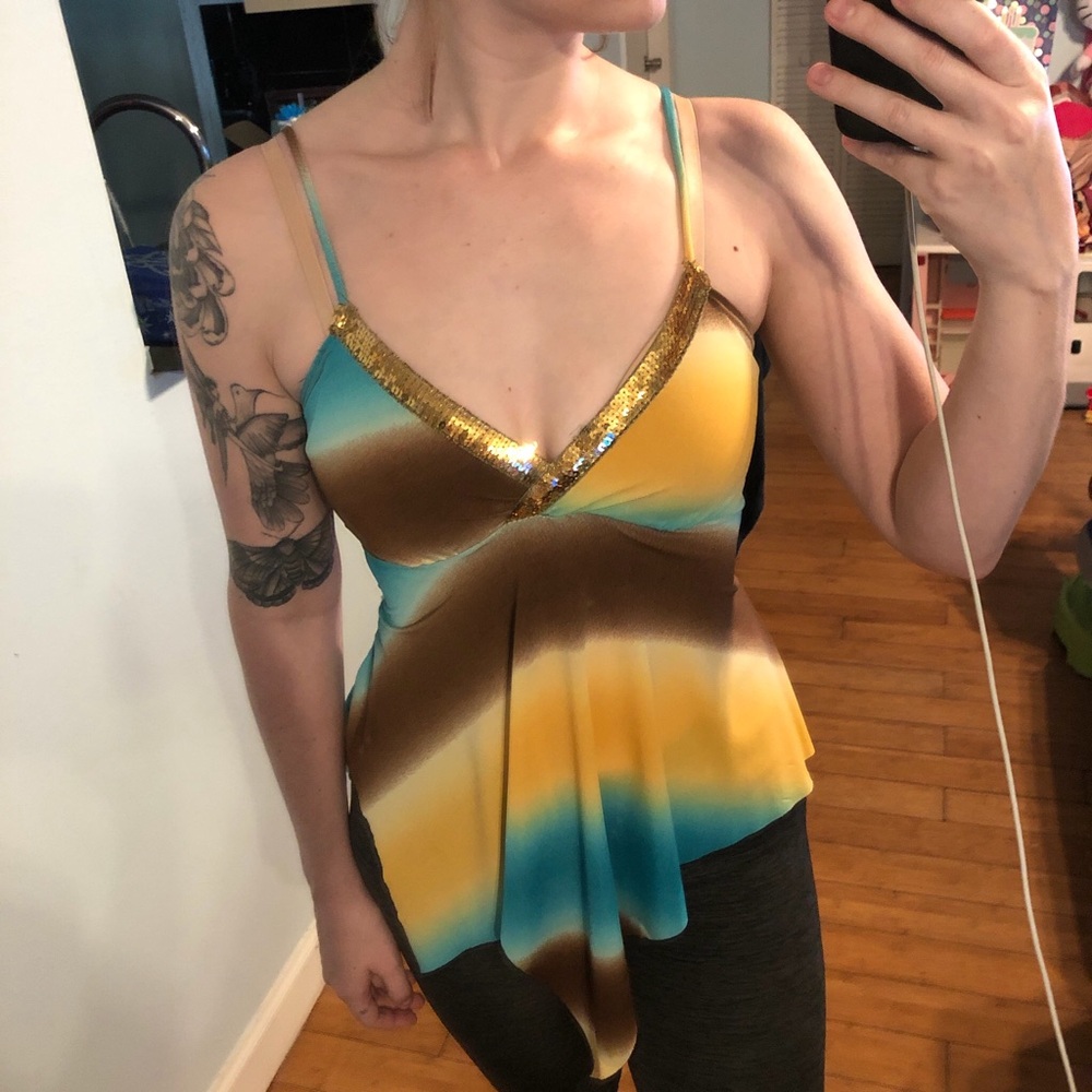 Y2K Julie’s closet brown & blue striped asymmetrical top with gold sequin trim